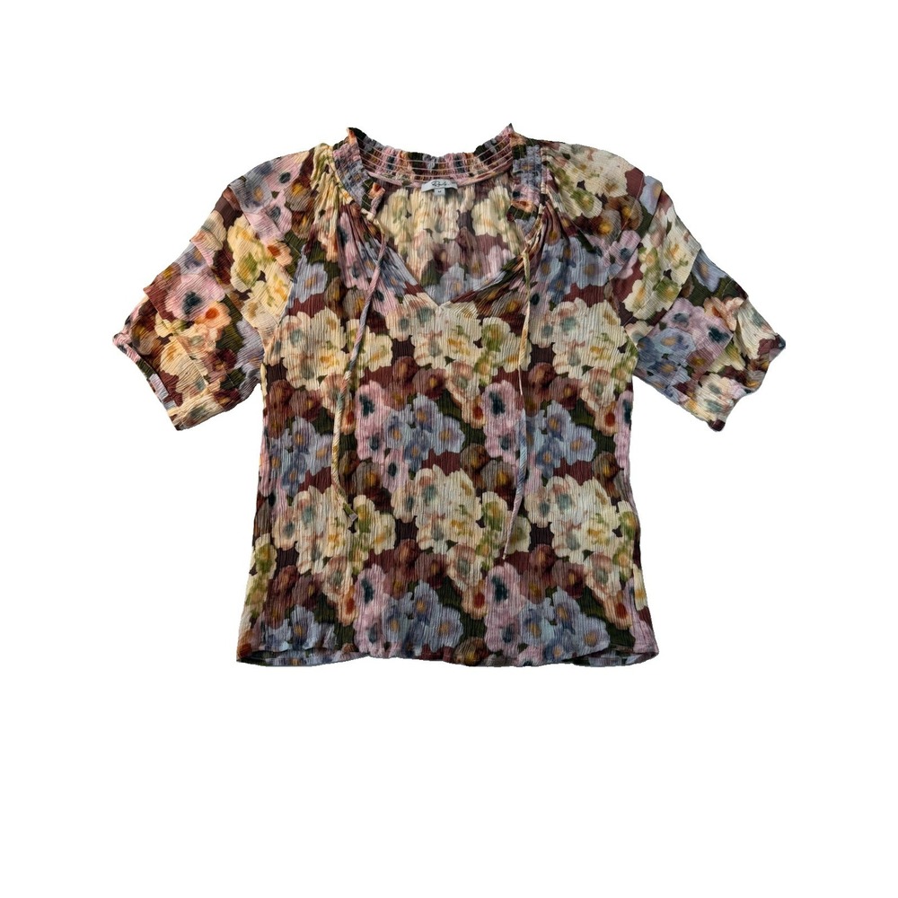 Rails Paris Painted Floral Blouse Women's M Crinkle Viscose Tie Neck Boho